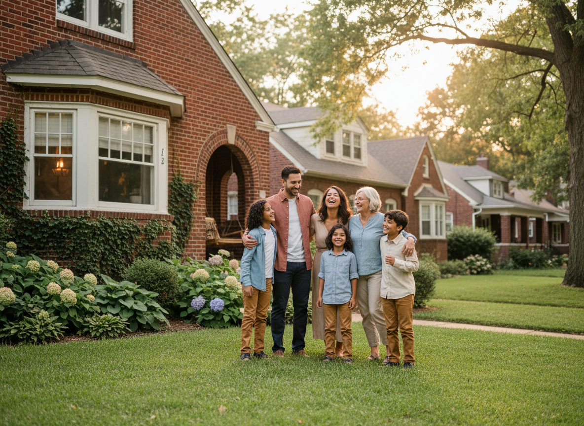 Happy family in front of a rental home managed by STL Property Managers in St. Louis Missouri