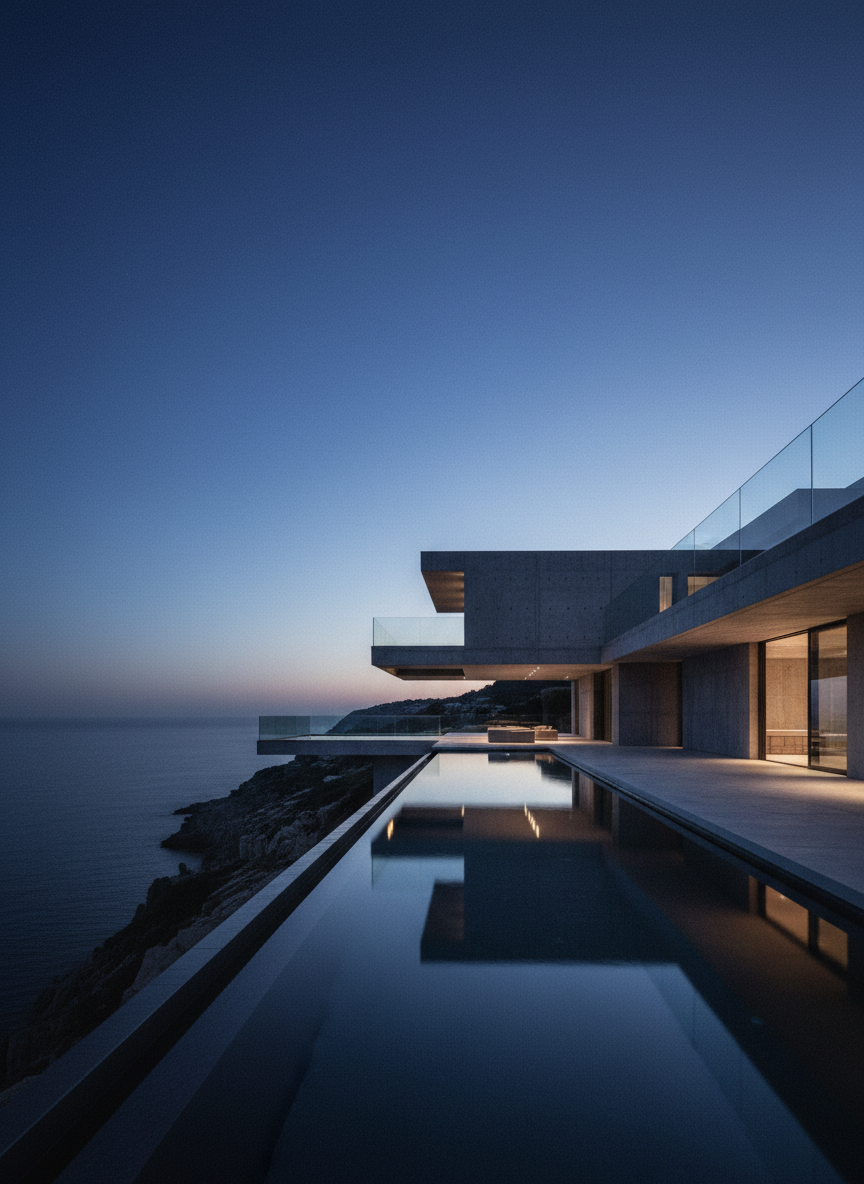 Luxury villa with infinity pool at dusk