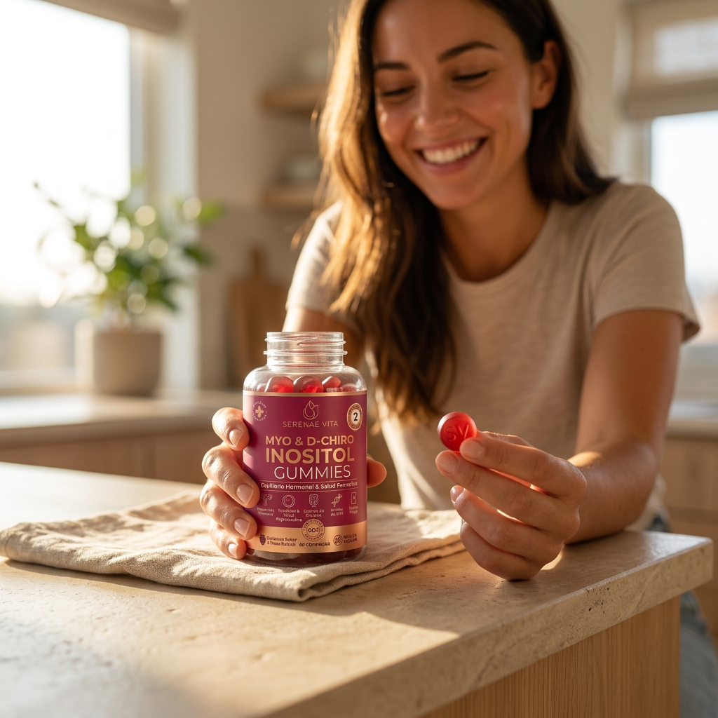Mujer sonriendo con gominolas Myo & D-Chiro Inositol SERENAE VITA
