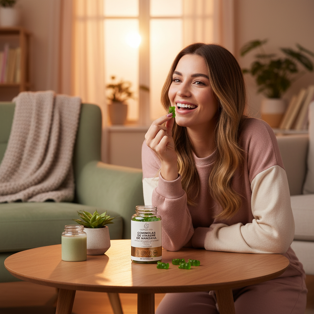 Mujer feliz tomando una gominola verde por la tarde