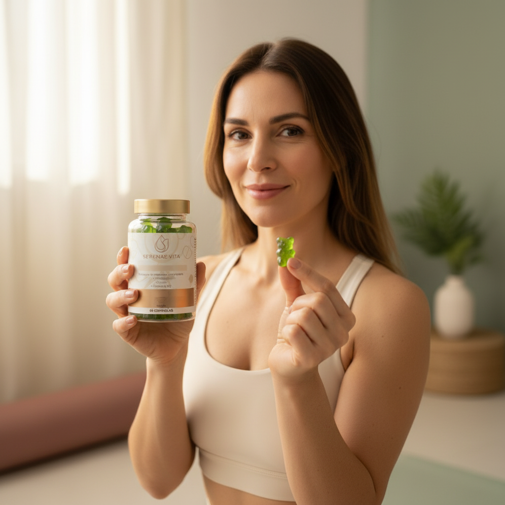 Mujer sonriendo con un producto SERENAE VITA después de yoga