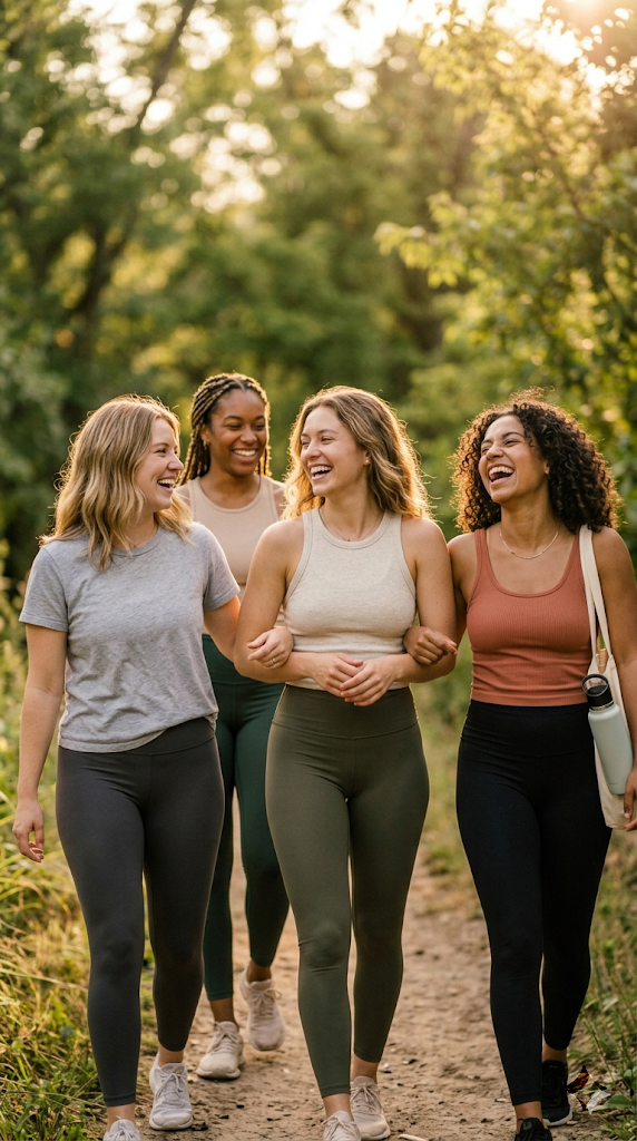 Grupo de mujeres felices caminando al aire libre