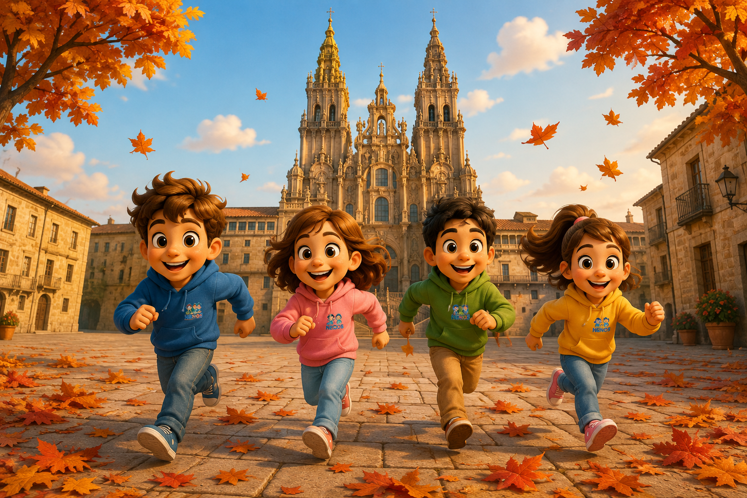 Niños corriendo por Santiago de Compostela en otoño