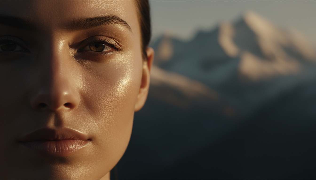 Luxury skincare model with flawless dewy skin