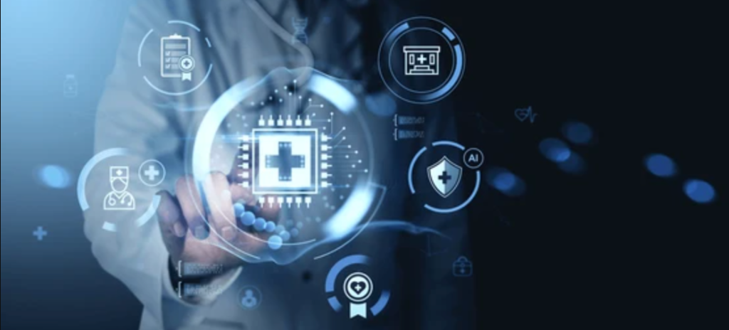 Healthcare professional interacting with a glowing holographic medical AI interface displaying icons for secure digital healthcare integration