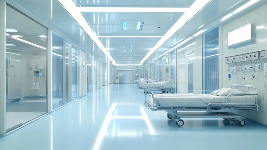 Modern hospital corridor with a clean, sterile aesthetic, glass-walled patient rooms, and an empty hospital bed in the foreground