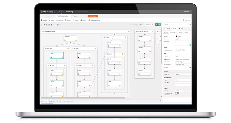 Laptop displaying a BMC Control-M workflow orchestration dashboard