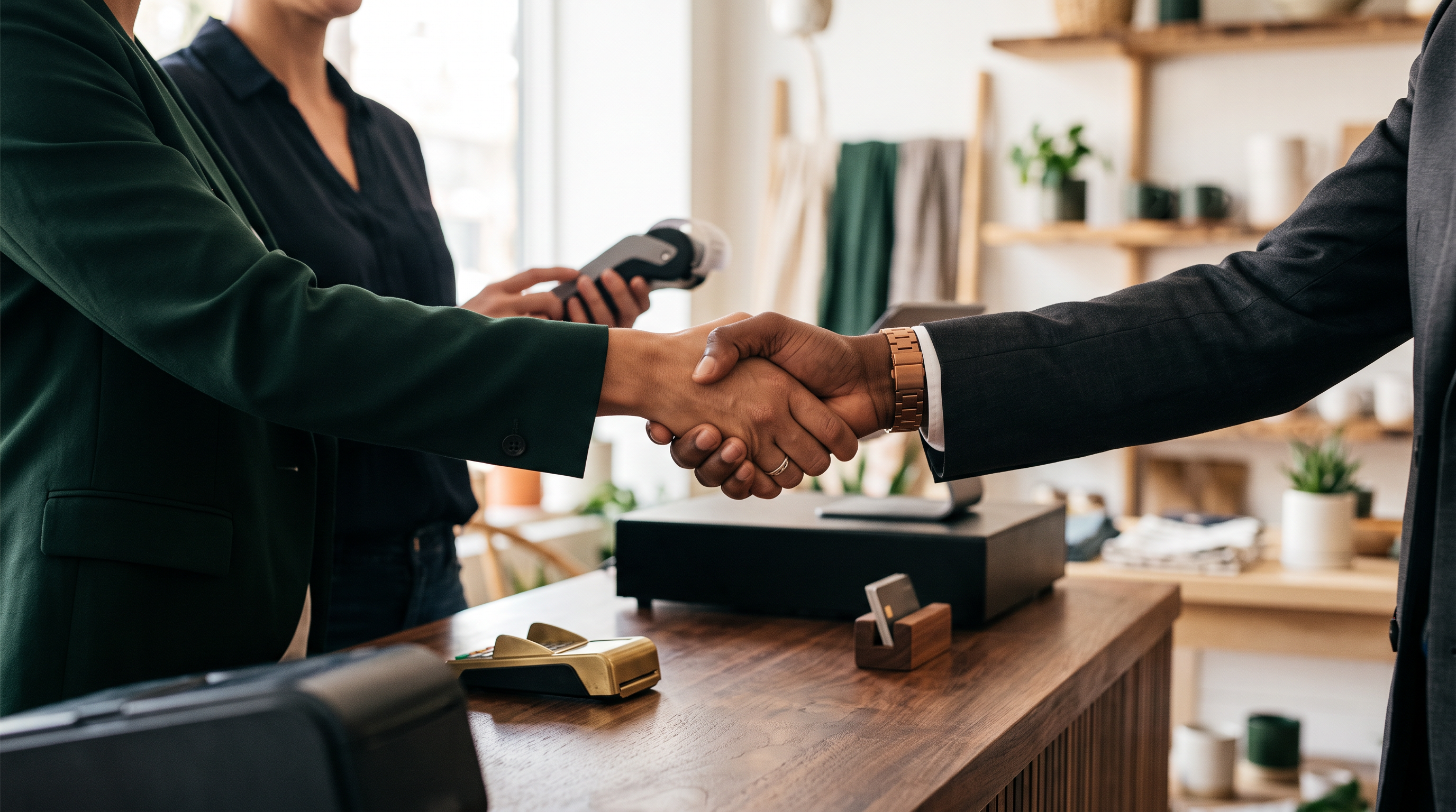 Business handshake at a POS counter