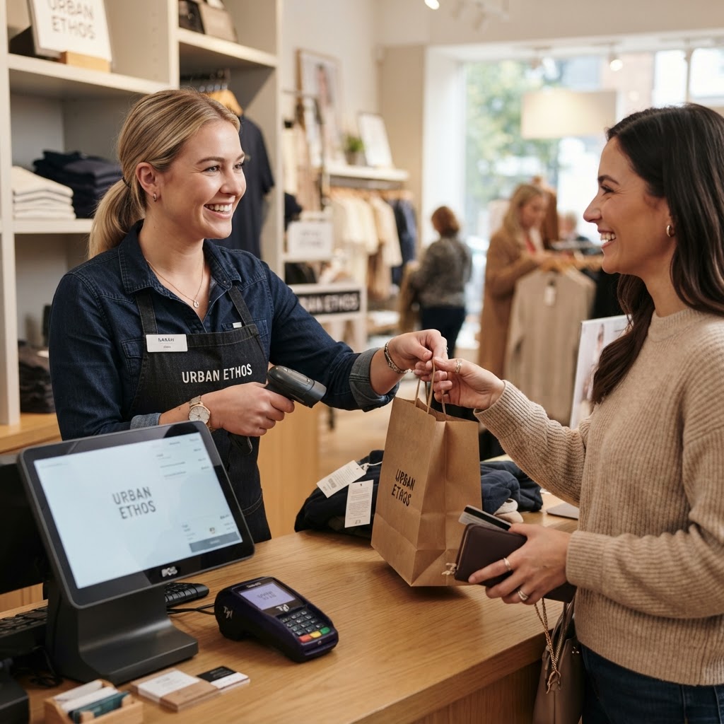 Friendly cashier helping a smiling customer at a Valley POS register