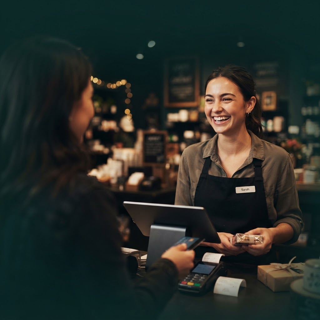 Cashier smiling at a customer at a Valley POS checkout