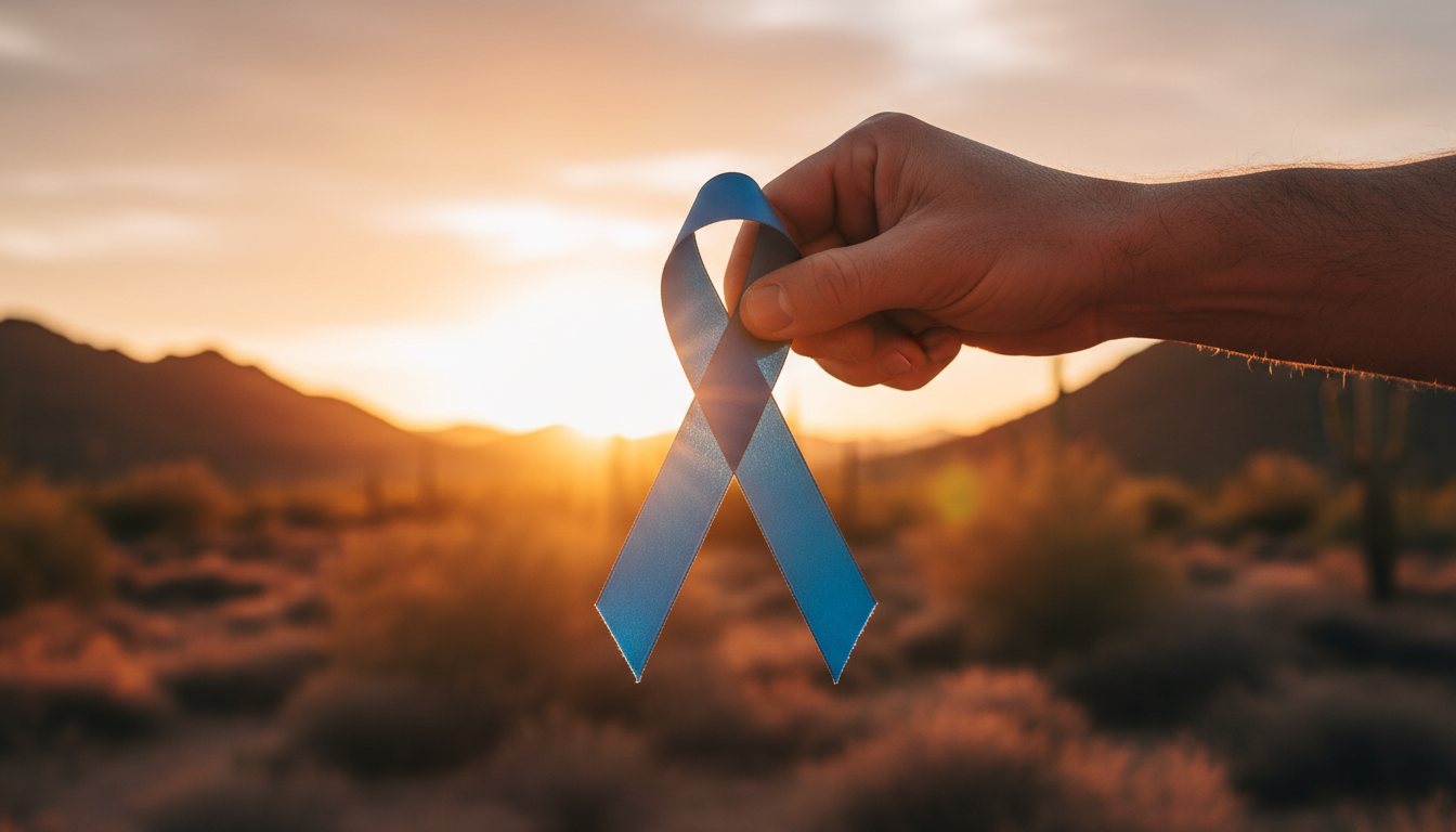 Awareness - a hand holding a ribbon against the sunset