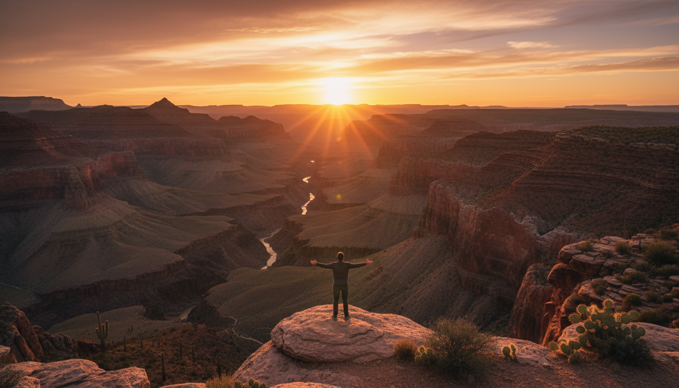 Man standing at the edge of a canyon at sunrise