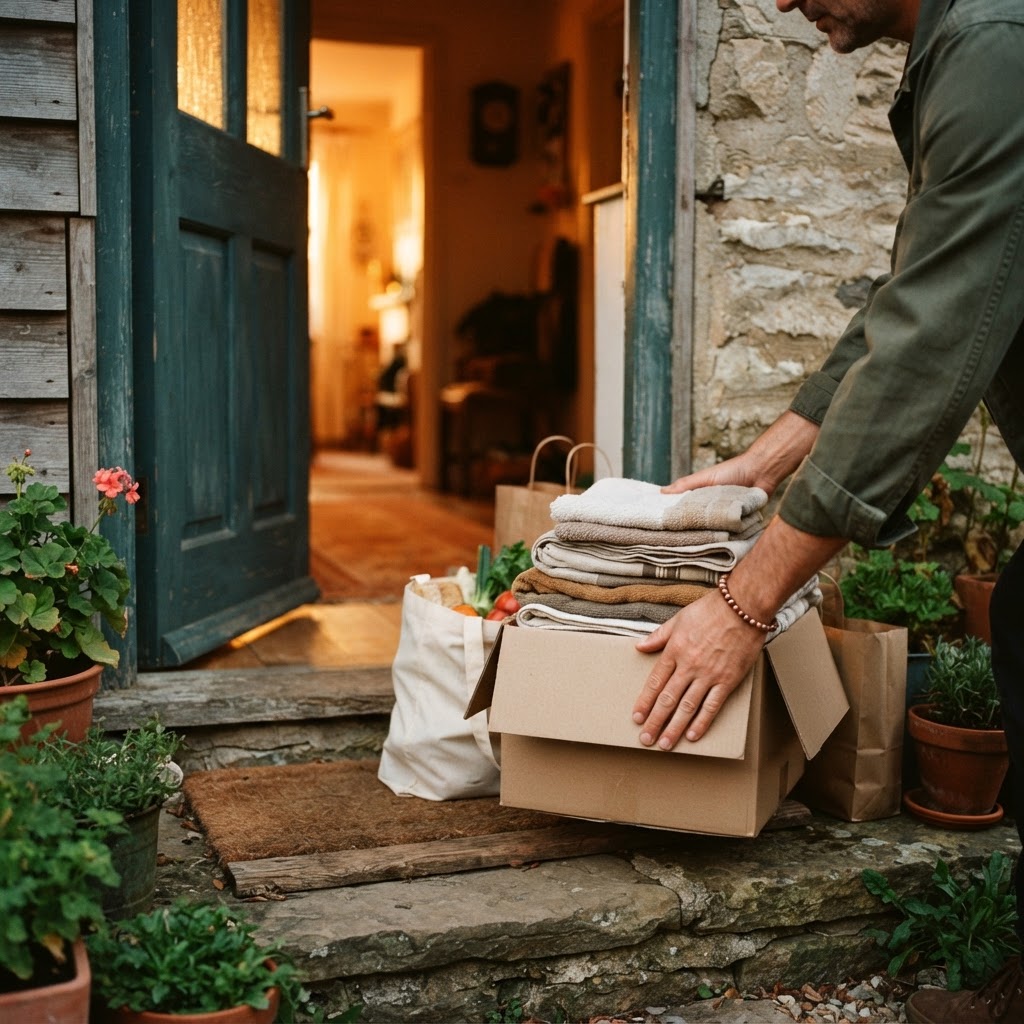Volunteer delivering fresh bedding and groceries to a home