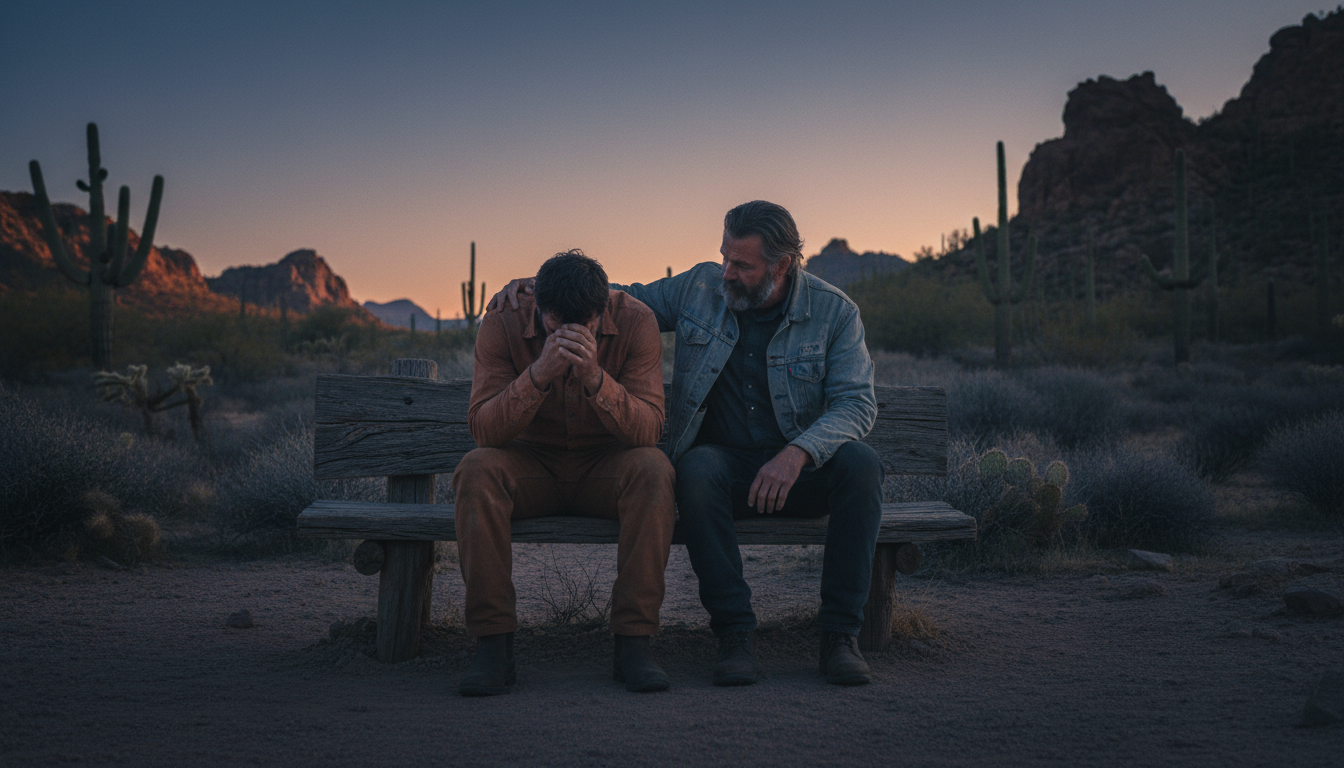Two men in quiet conversation in the desert