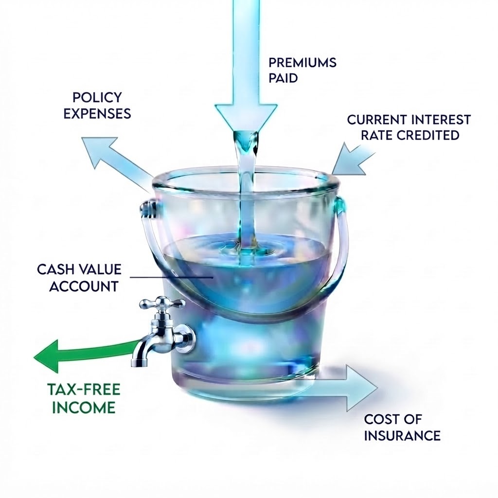 Universal life policy diagram: premiums paid, policy expenses, cash value account, current rate, cost of insurance