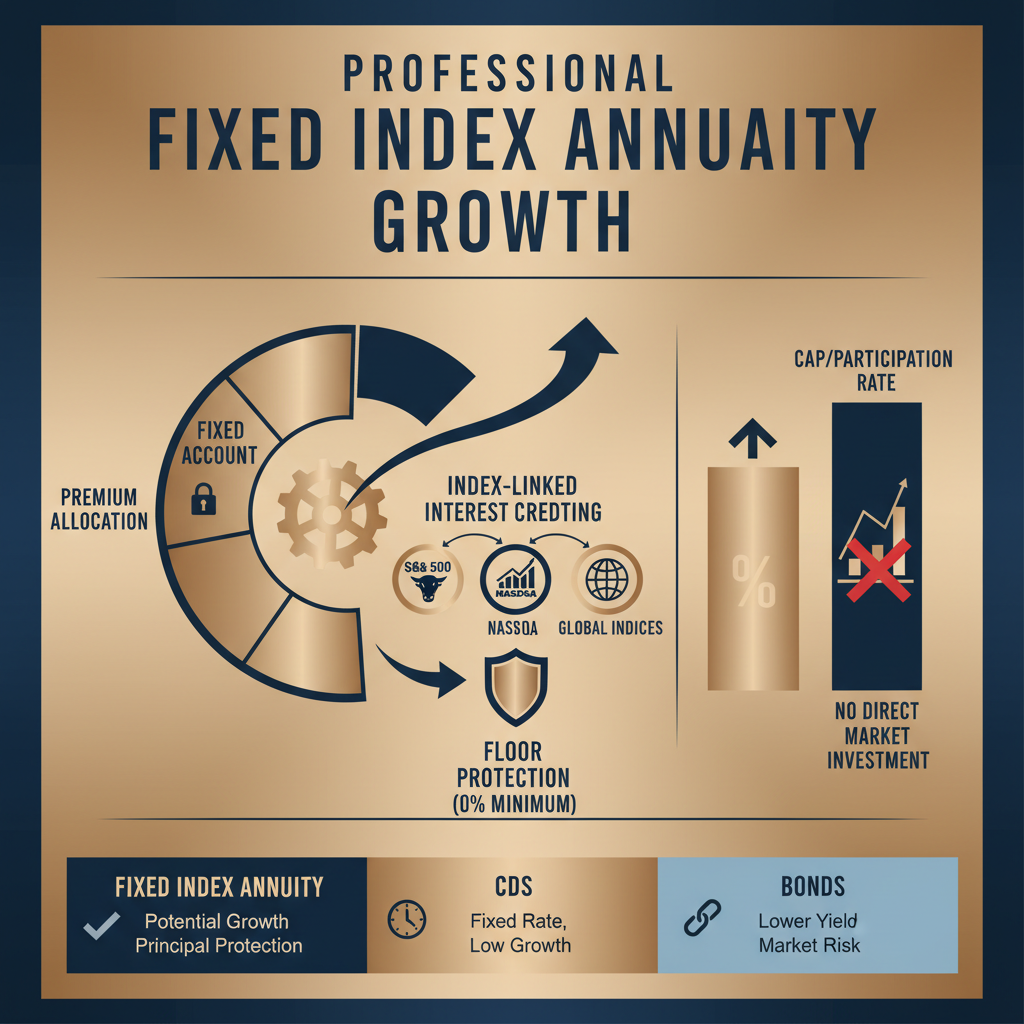 Fixed index annuity growth mechanism and floor protection