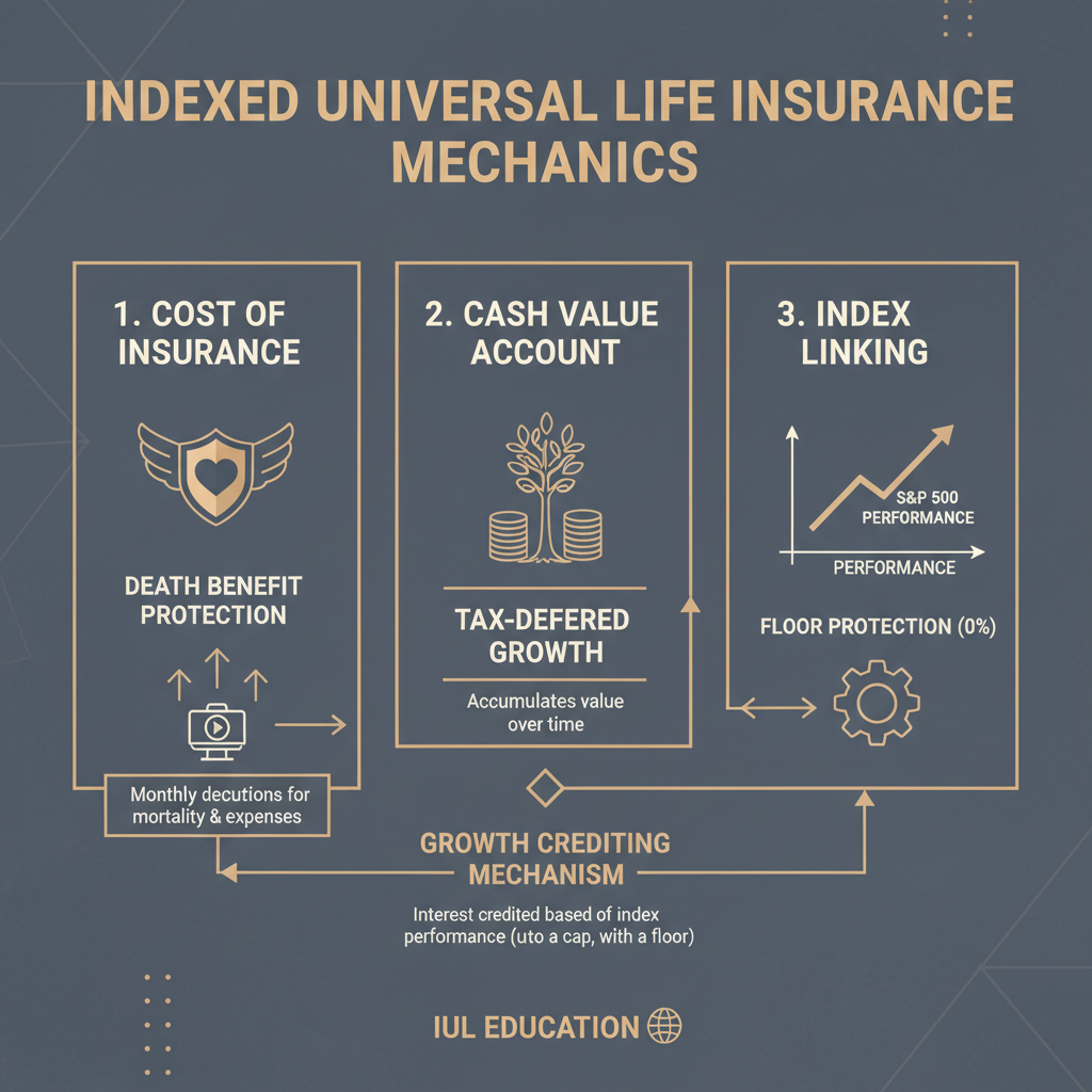 Indexed universal life insurance mechanics and components