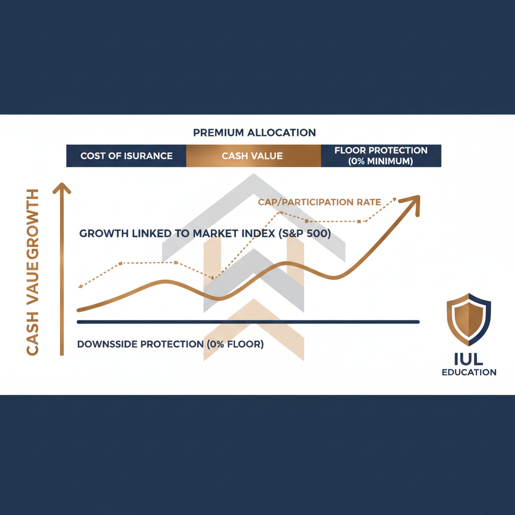 Indexed universal life cash value growth with floor and cap protection
