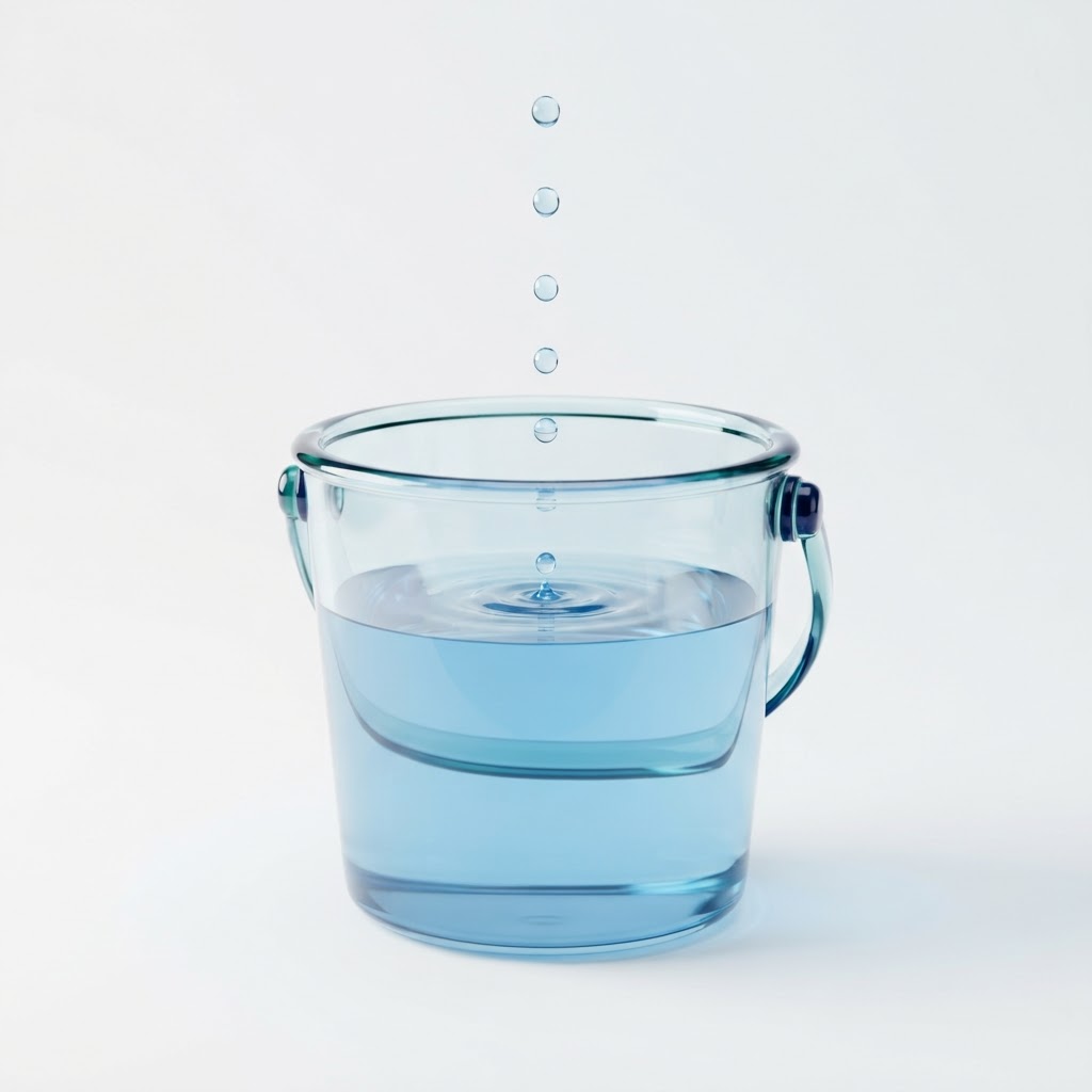 Steady small drips filling a translucent bucket — small consistent contributions