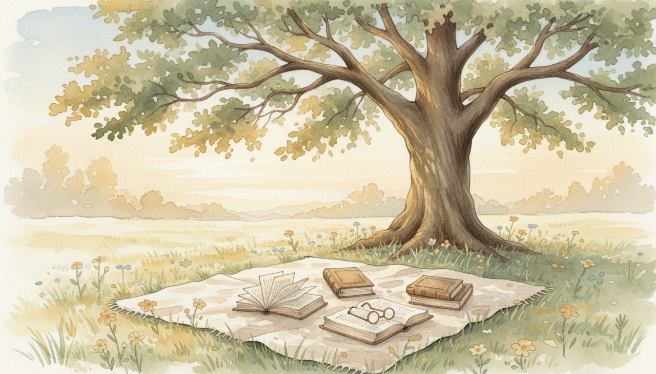 A peaceful watercolor scene of books under an oak tree