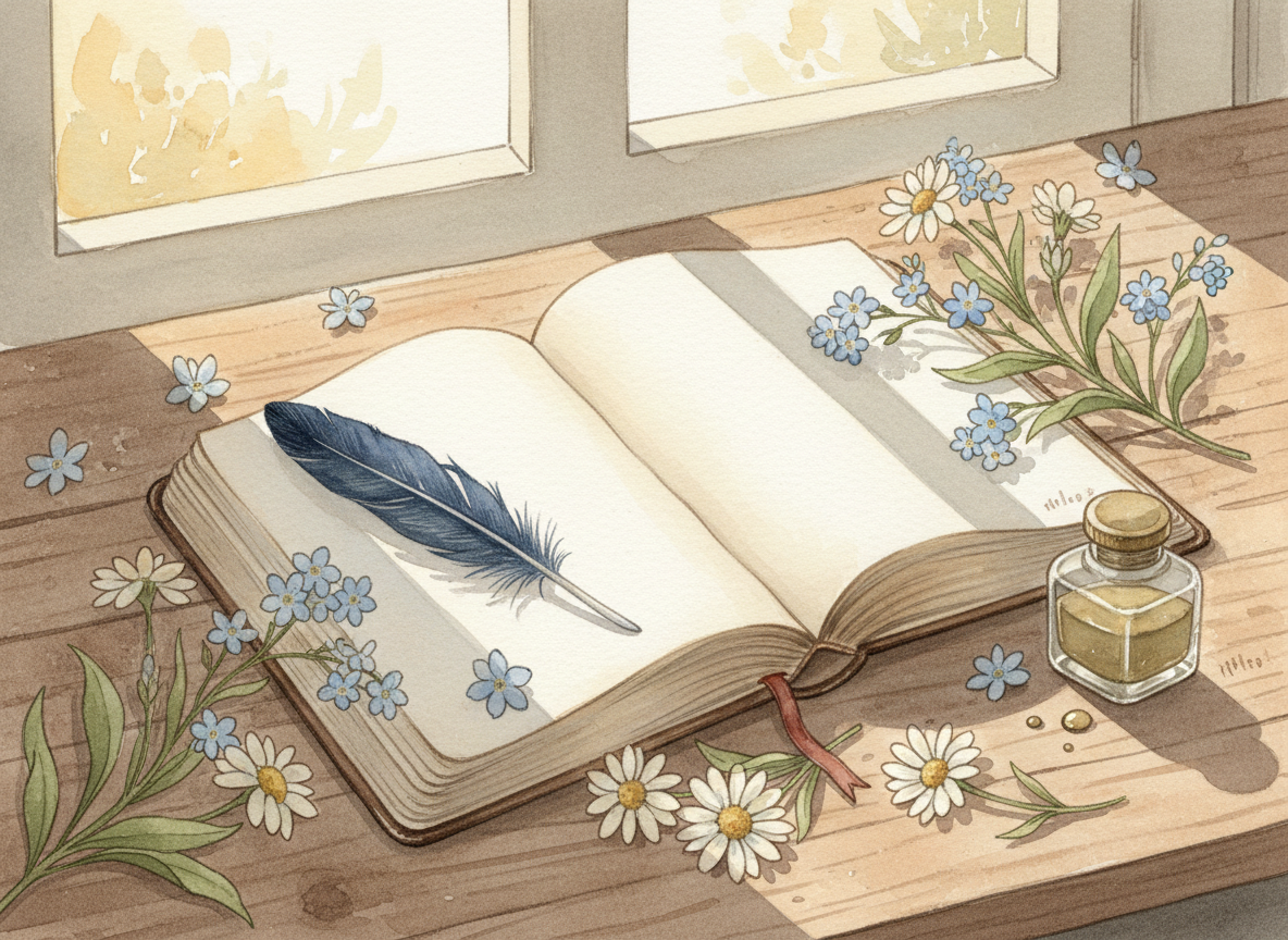Watercolor illustration of a journal with a pen