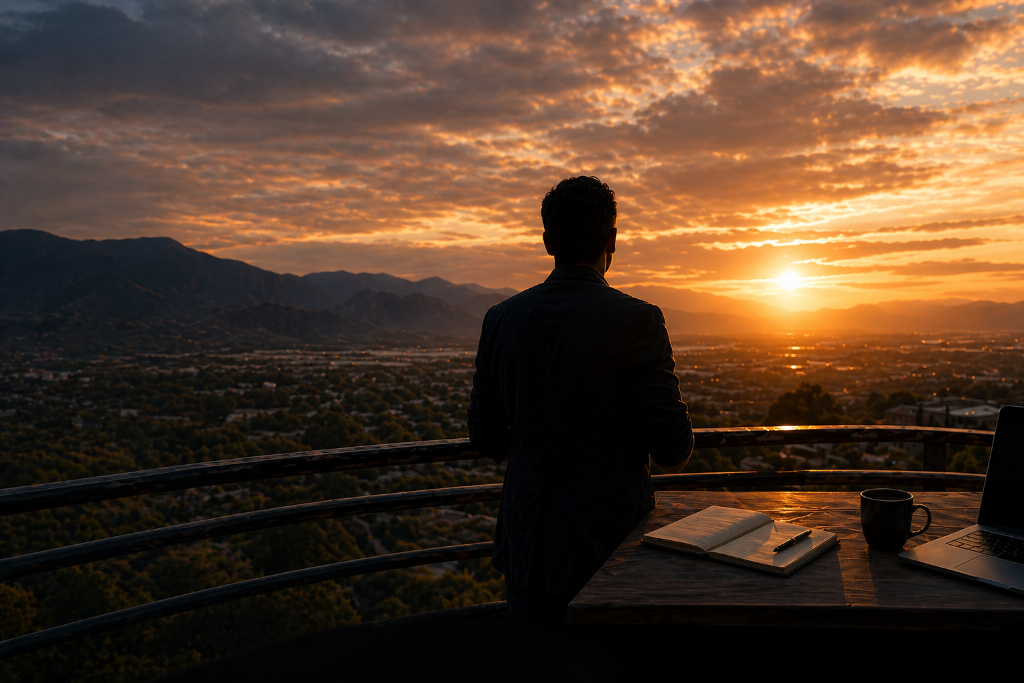 Silhouette of a man overlooking a city at golden-hour sunset