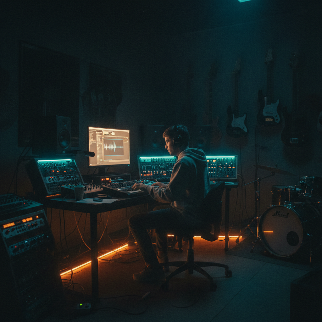 Student at a music production workstation in a cinematic dark studio
