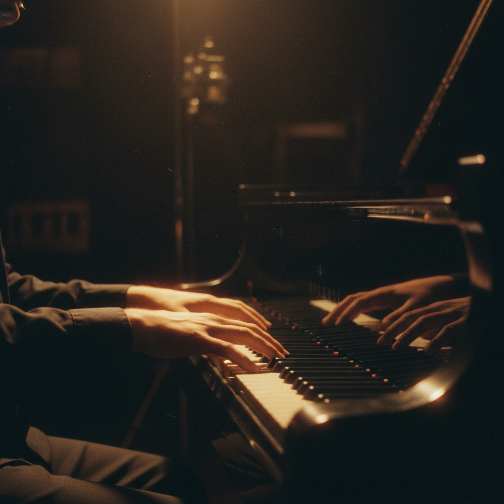 Hands on piano keys in a dark studio with cinematic amber lighting