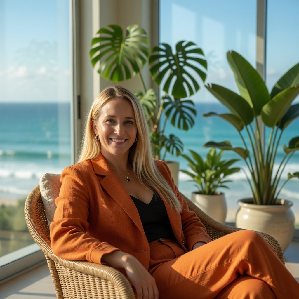 Brandi Kolosky, host of Plunge into Prosperity, seated in a modern space with natural greenery