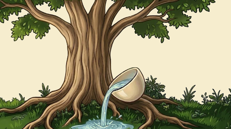Large tree with water pouring at roots