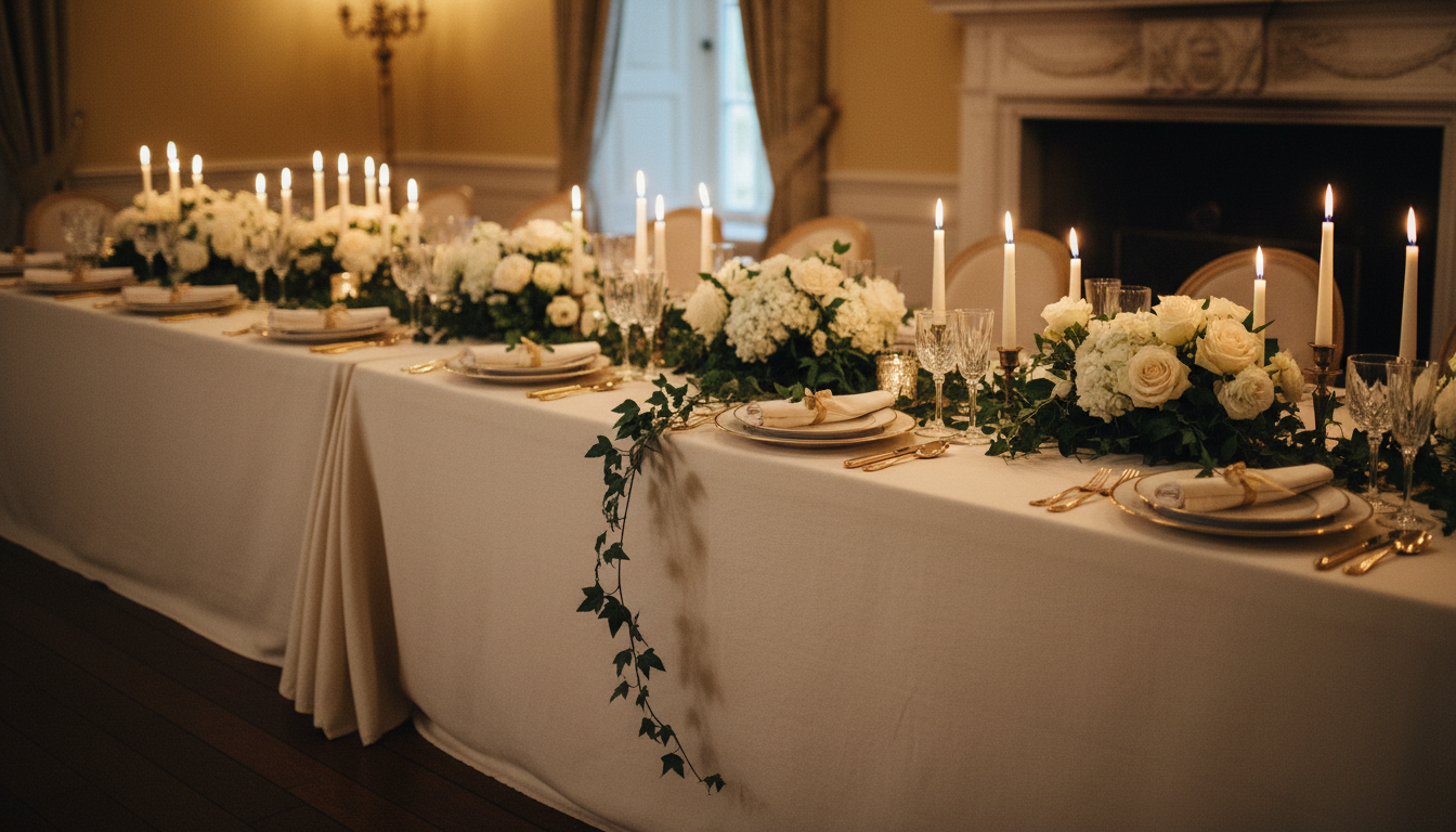 Wedding table arrangement with luxury floral centrepieces and gold candlesticks