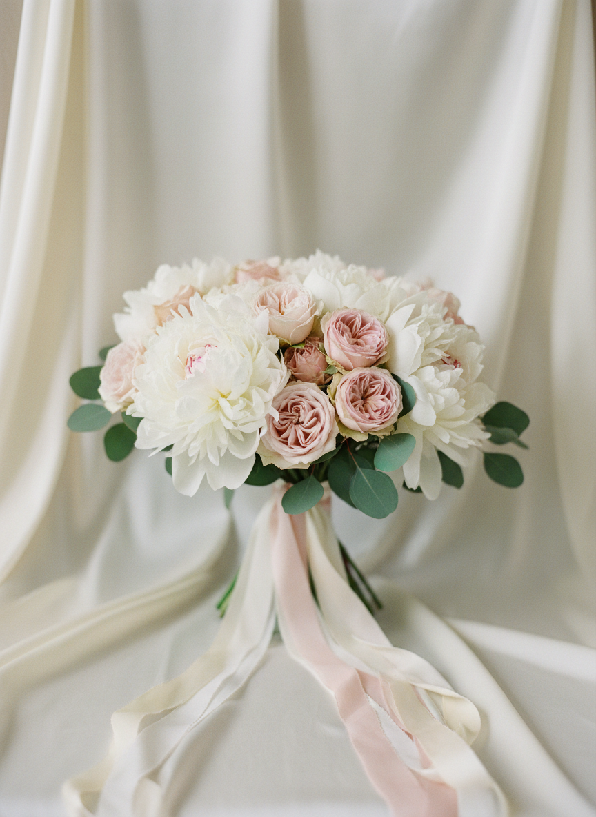 Bridal bouquet of white peonies and blush roses with trailing silk ribbons