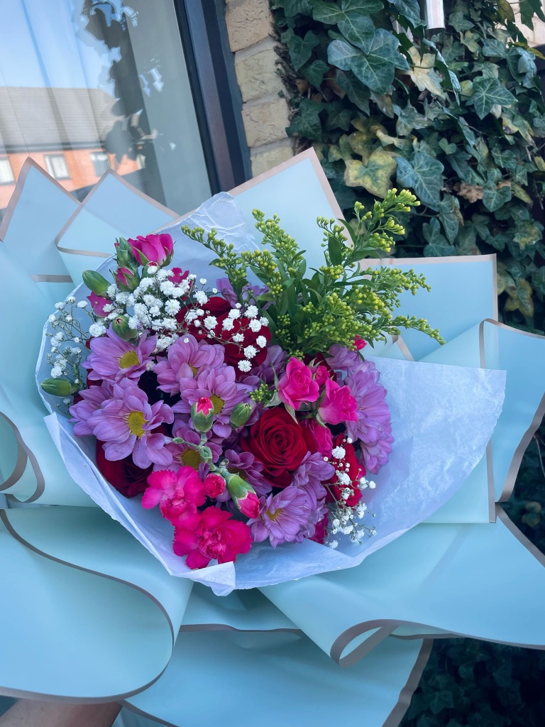 Sunflower and pink rose gift box arrangement