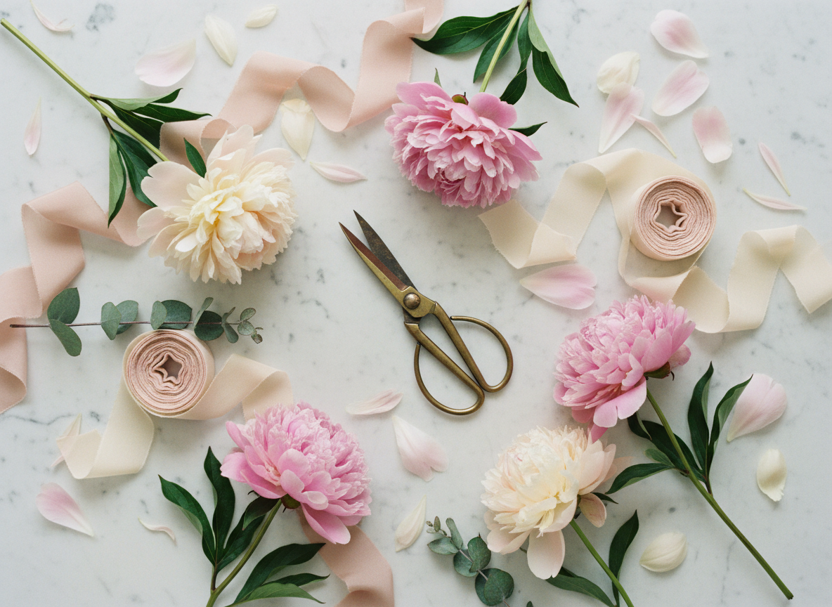 Kalea Arrangements studio - floral tools and seasonal stems on a marble surface