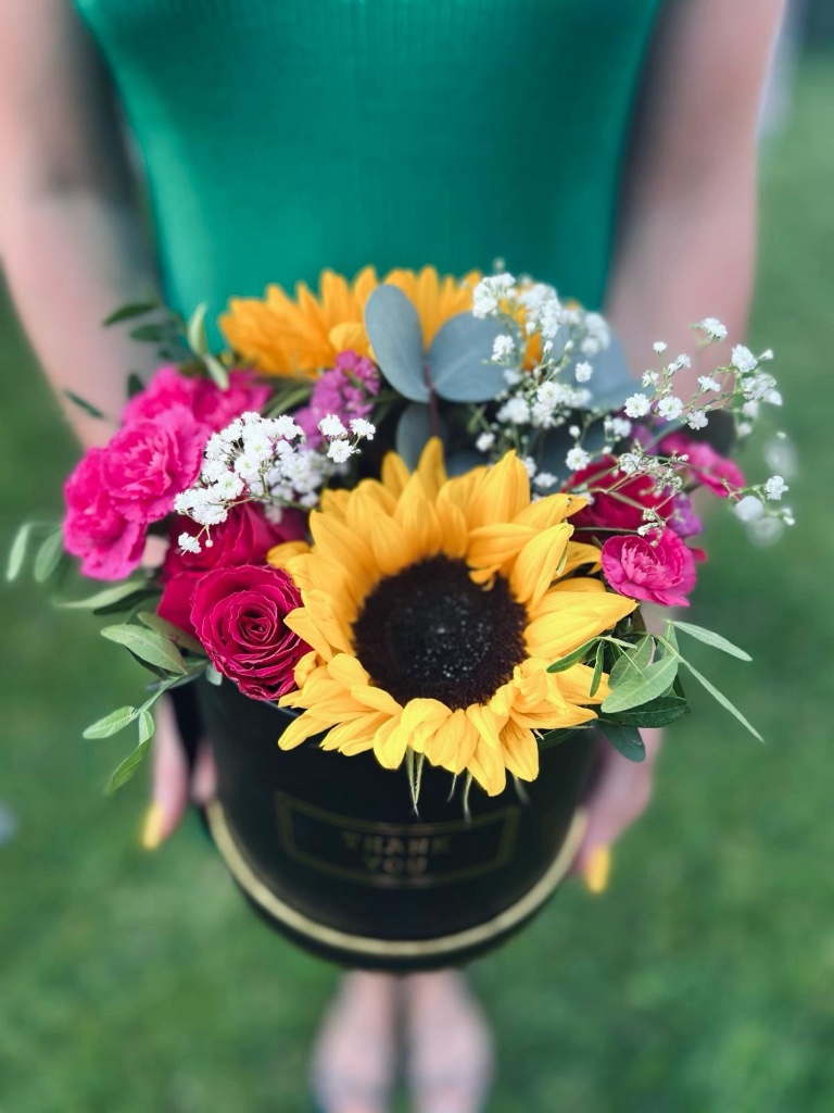 Sunflower and pink rose gift box arrangement by Kalea Arrangements