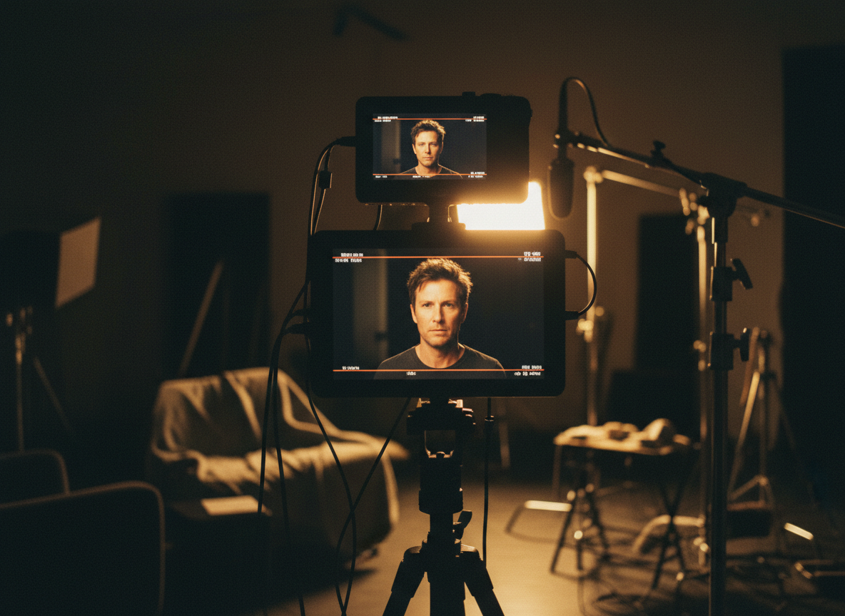 Behind-the-lens view of a self-tape monitor