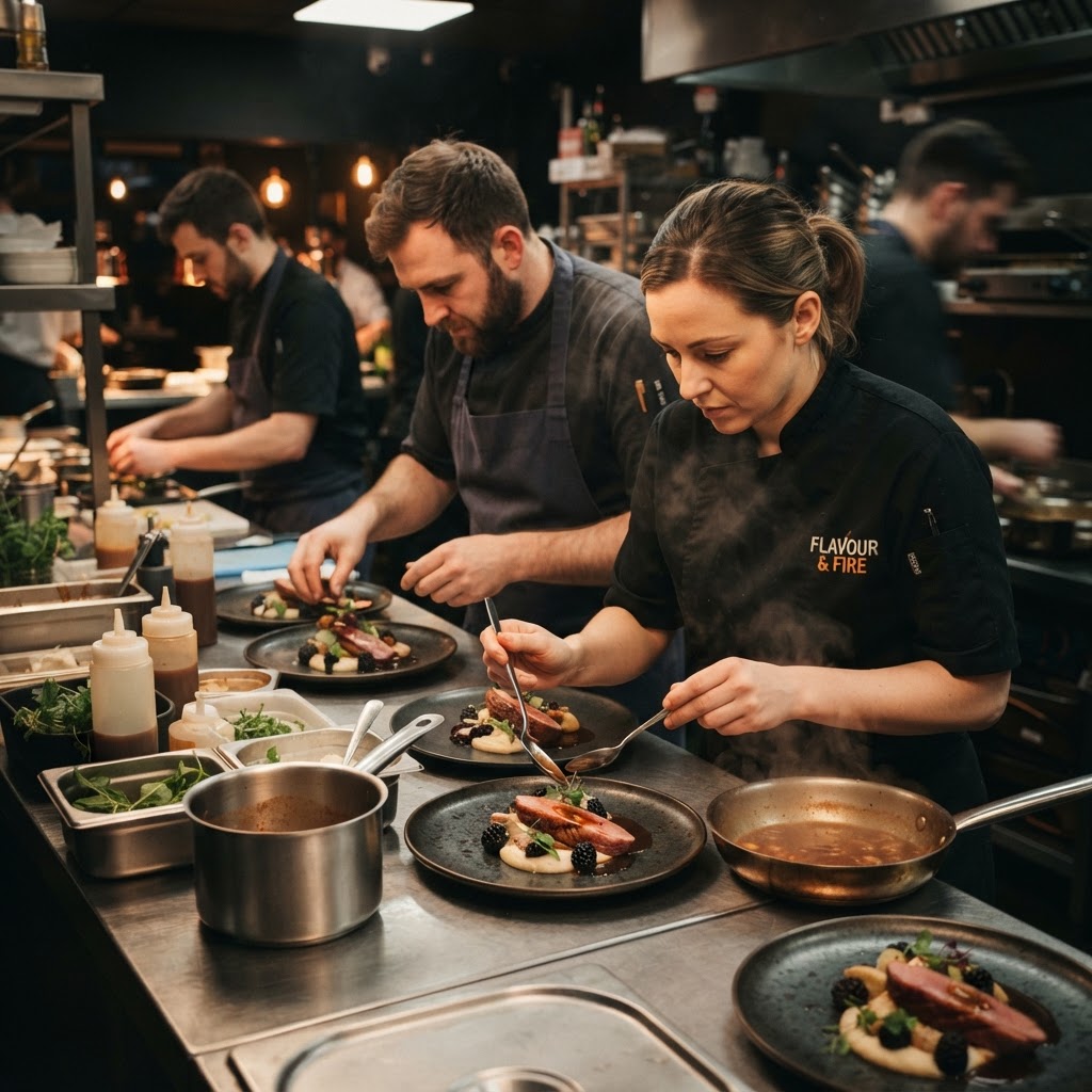 Professional kitchen team plating dishes during a catered event