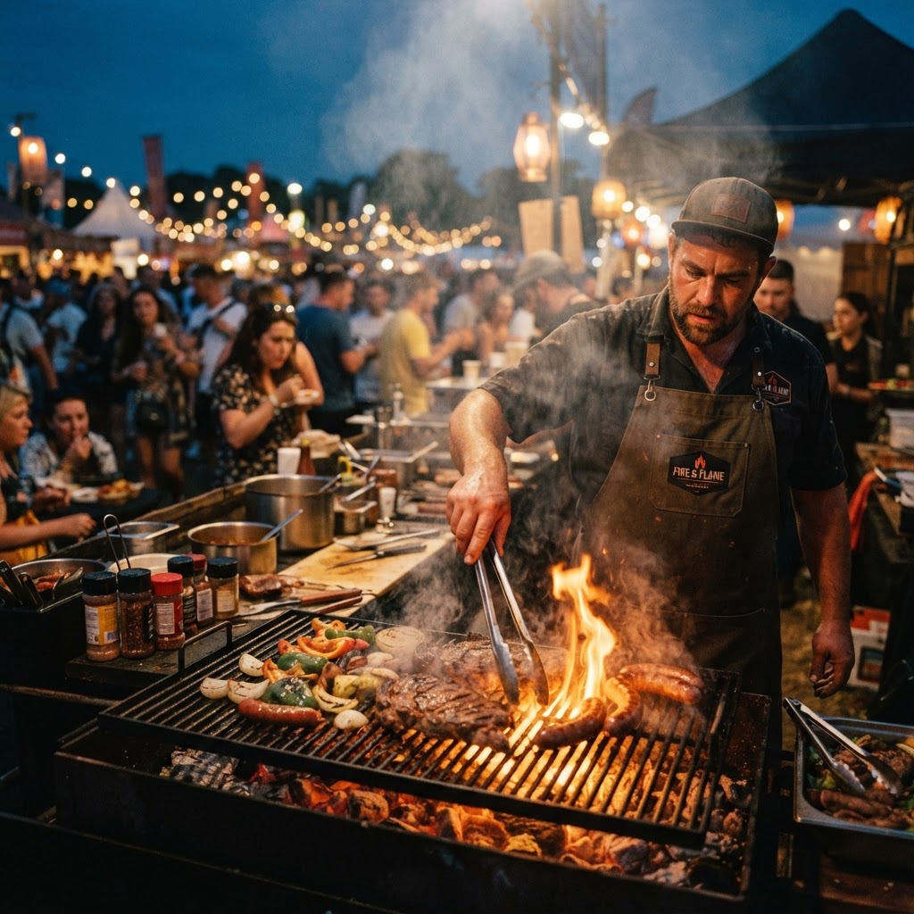 Chef searing food over open flame at a large outdoor event at twilight
