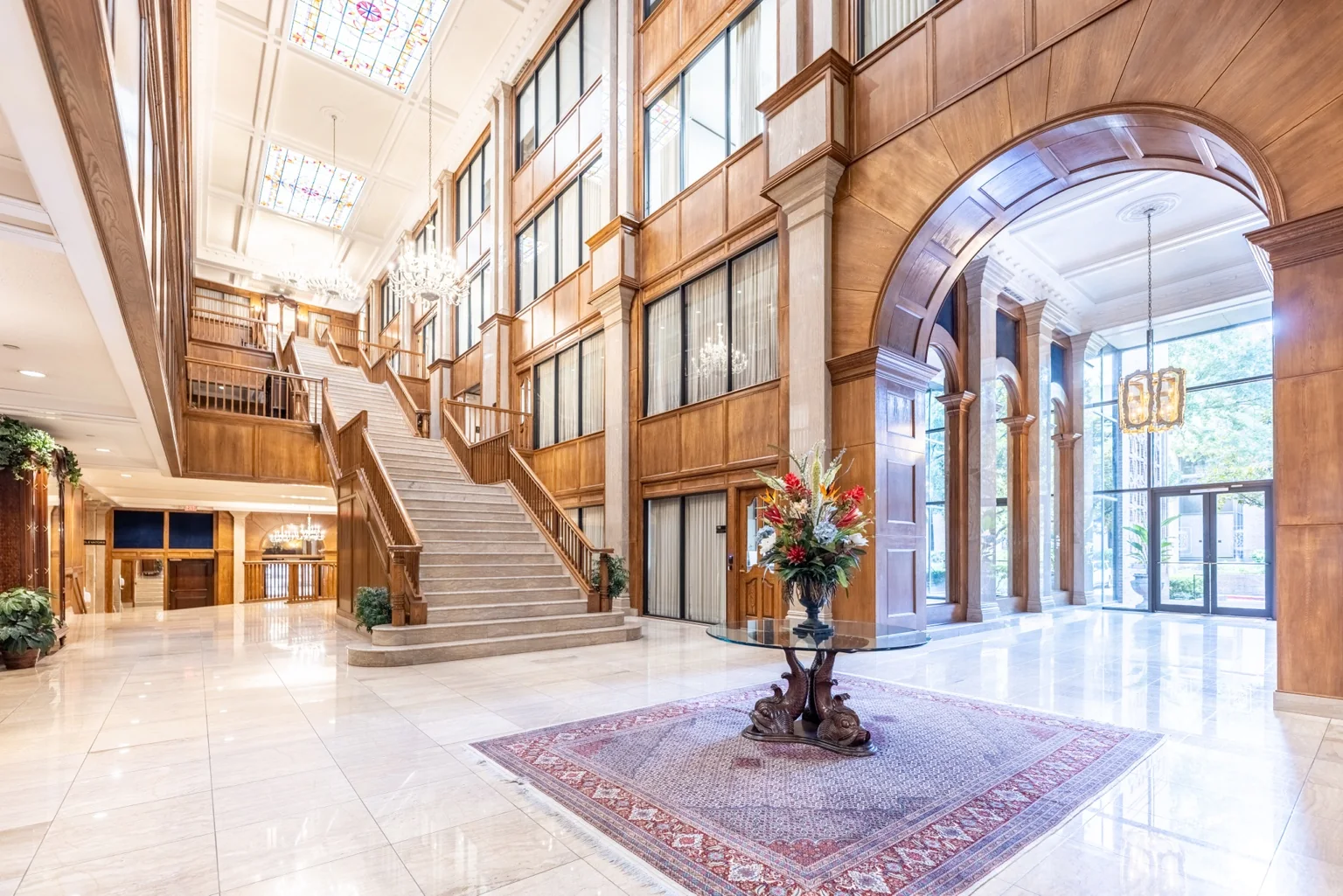 Grand staircase and lobby at the Echo Lane Dental building in Memorial Houston