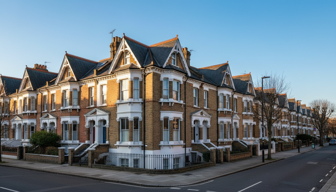 North London residential rooftops against a clear morning sky