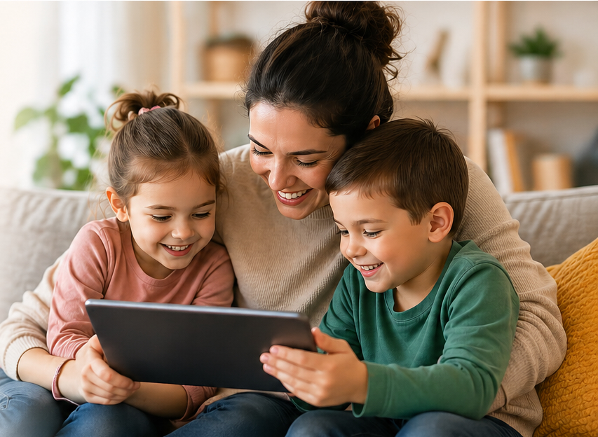 Mother and children reading together
