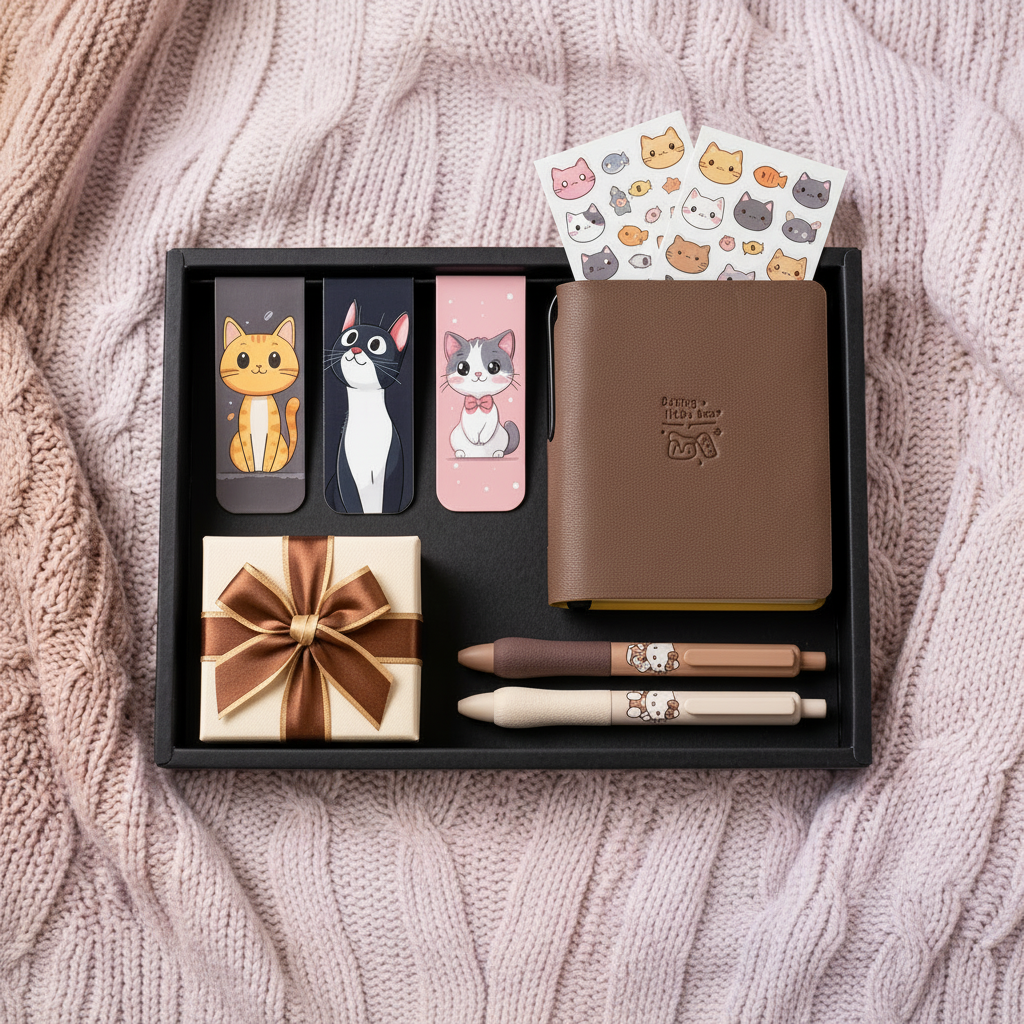 Cute cat stationery gift box with notebook bookmarks and pens — teacher thank you gift Dubai