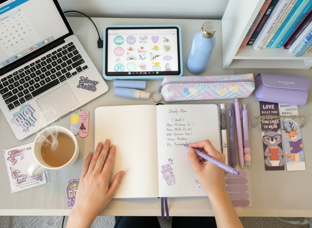 Cozy pastel study setup with notebook and stationery