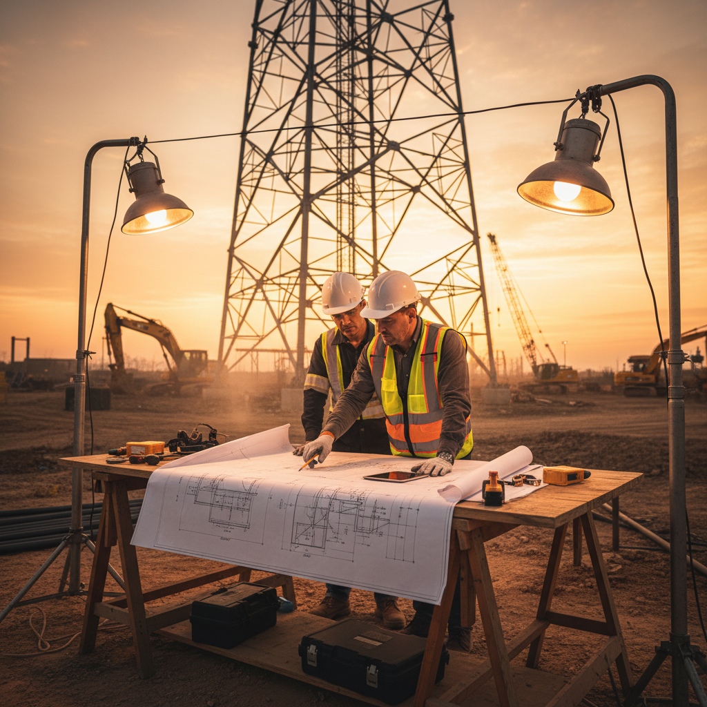 Engineer reviewing telecom blueprints at a worksite