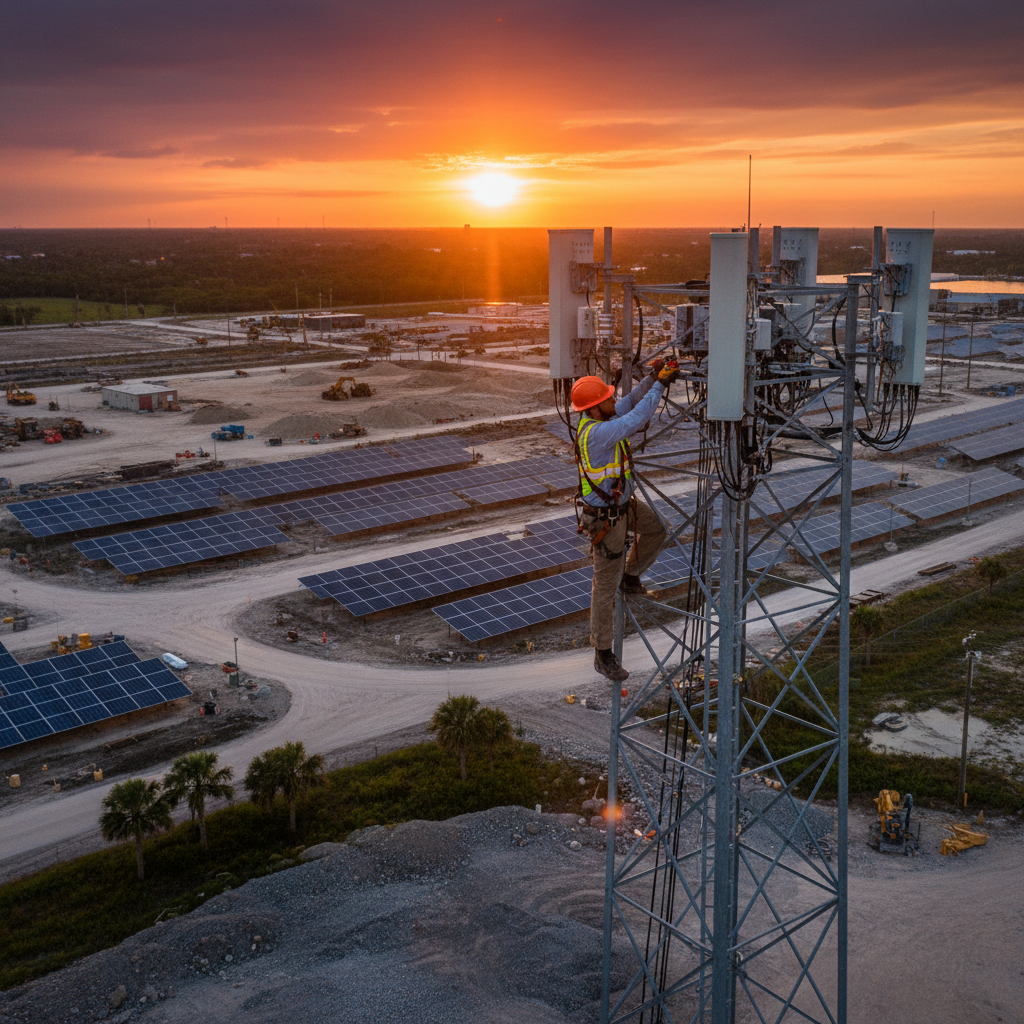 Engineer on telecoms construction site at sunset