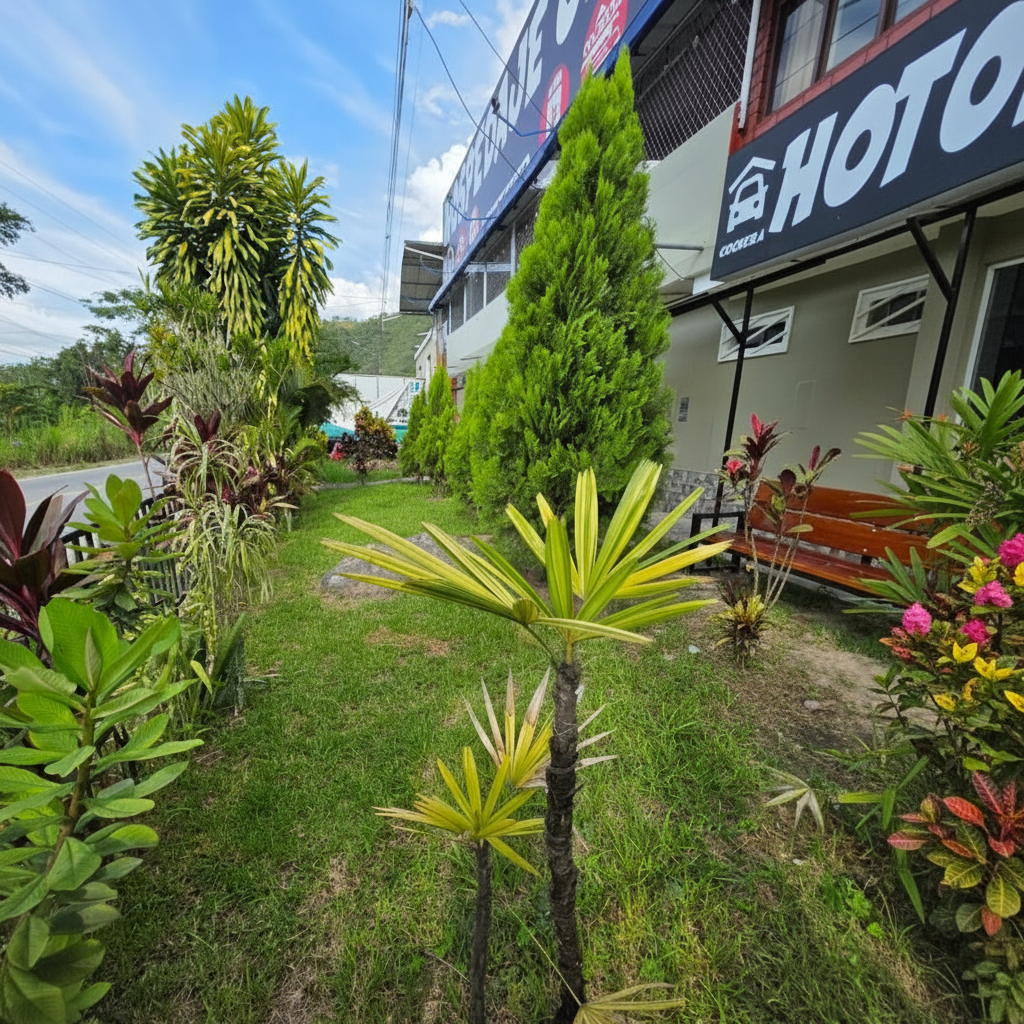 Jardín con cipreses, bancas de madera y plantas tropicales