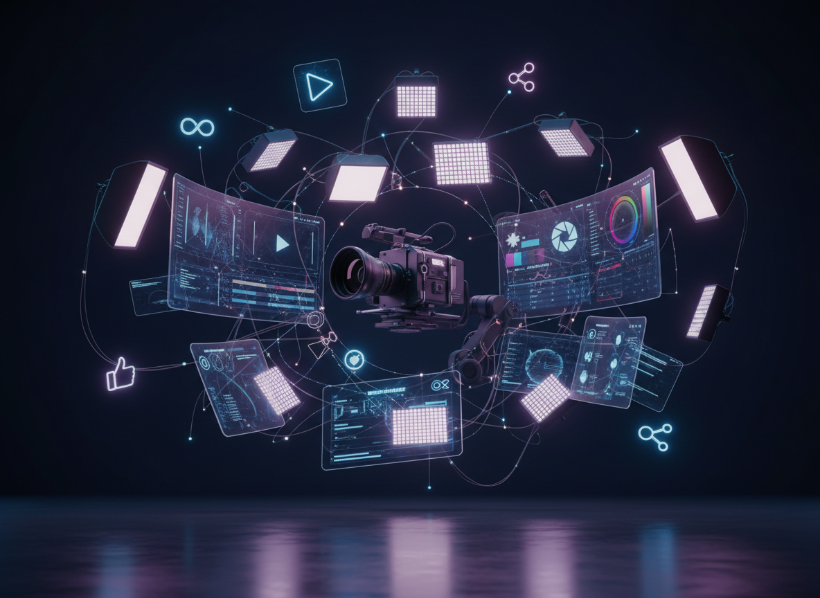 Content production studio with video editing screens