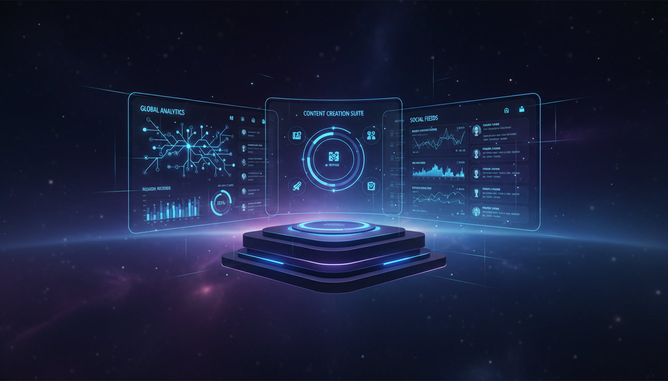 AI-powered social media dashboard showing analytics and content creation tools