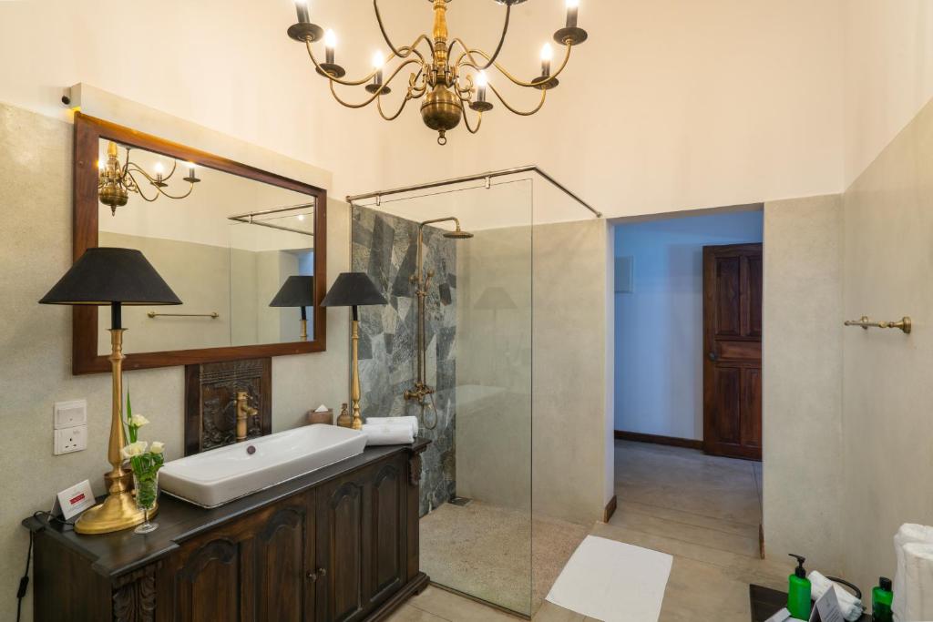 Bathroom Interior — Chandelier & Walk-In Stone Shower