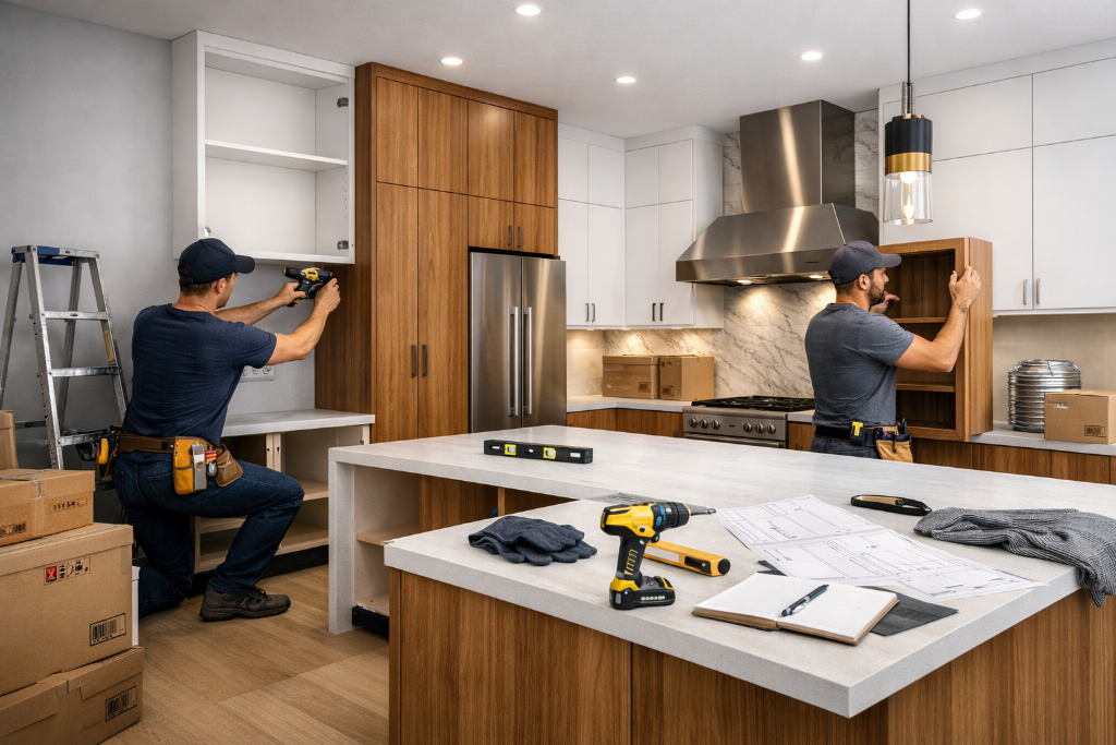 Kitchen cabinet installation by HP 85 Construction